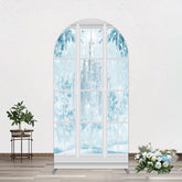 Lofaris Winter Snowy Blue Castle Window Scene Arch Backdrop